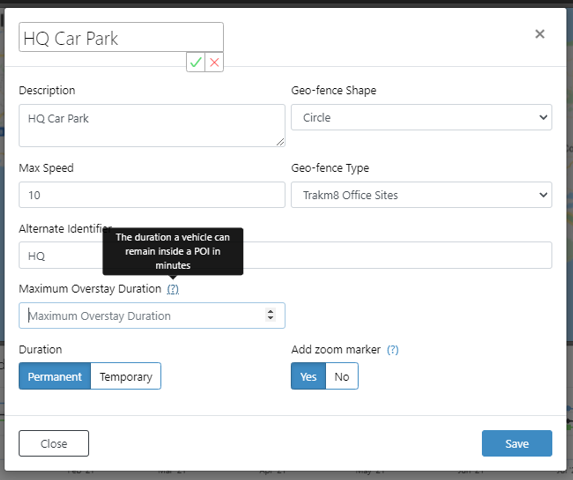 Geofence overstay/loiter event